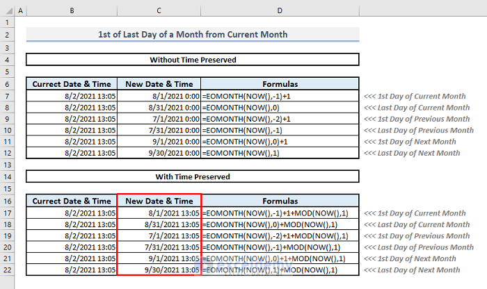 1st or last day of current or next or previous month with now eomonth functions in excel