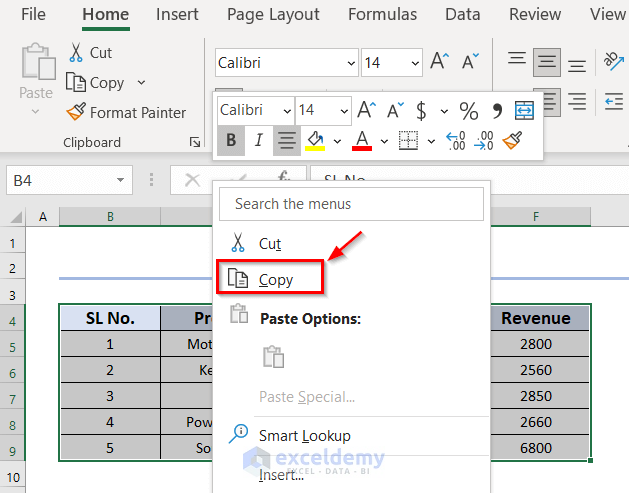Use of Context Menu Bar to Convert Columns to Rows in Excel 