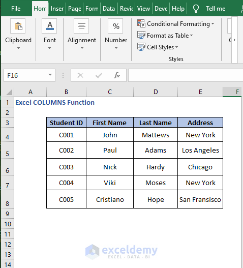Data table - Excel COLUMNS Function