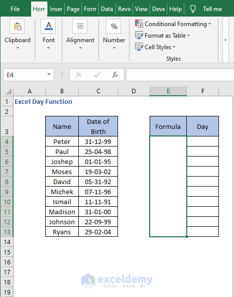 Extract day - Excel Day Function