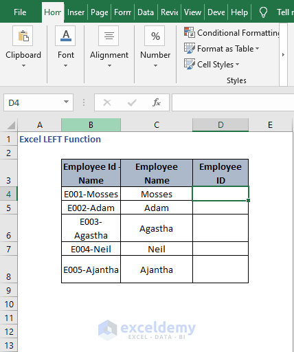 Example dataset - Excel LEFT Function