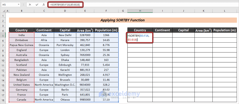 Apply SORTBY Function