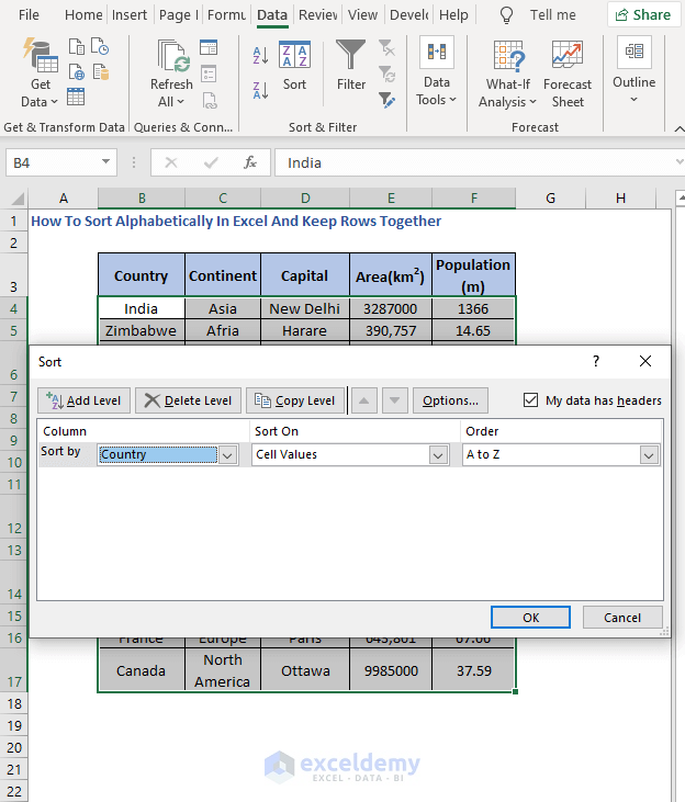 select sort by column 2 - How To Sort Alphabetically In Excel And Keep Rows Together