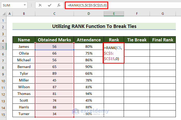 Using RANK Function in Excel to get Rank BAsed on Primary Criteria