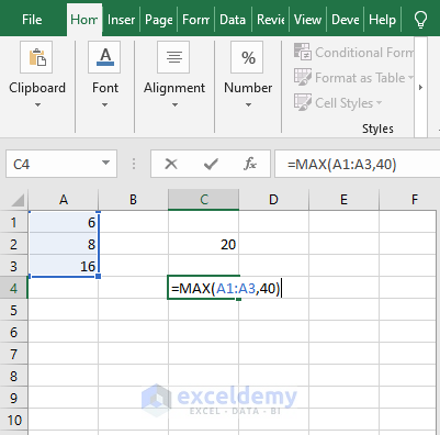 Cell range and number - Excel MAX function