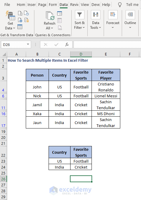 Filtered data from multiple columns