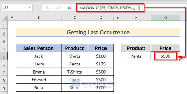 Get Last Occurrence Using XLOOKUP in Reverse Order in Excel
