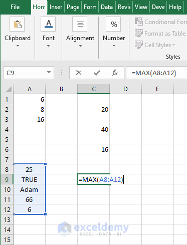 Text - numbers in range - Excel MAX function