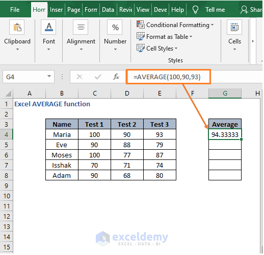 Direct input - Excel AVERAGE function