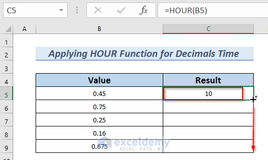 Using HOUR Funcion for decimals time in Excel