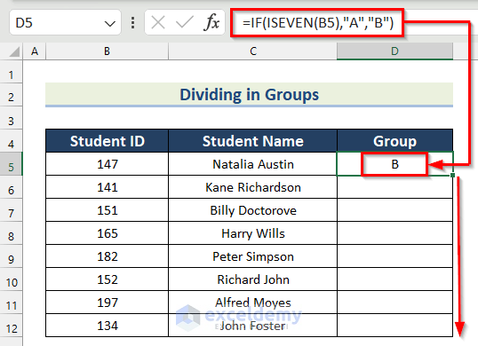 Divide in Groups Using ISEVEN Function in Excel