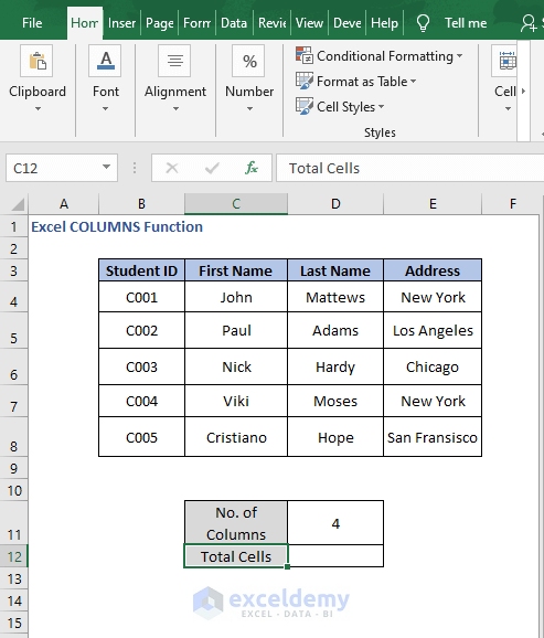 Total cell - Excel COLUMNS Function