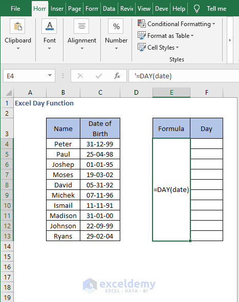 Extract day formula - Excel Day Function