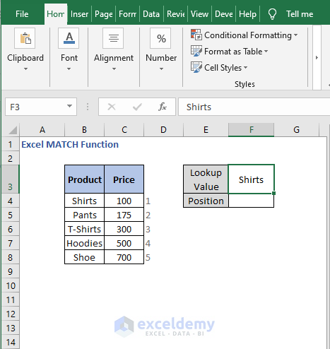 Criteria in Example - Excel MATCH Function