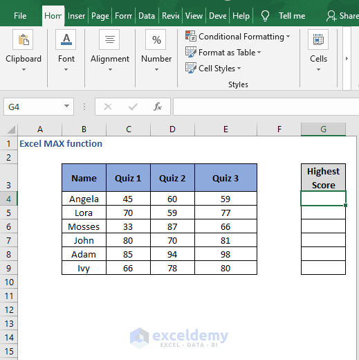 Row example dataset - Excel MAX function
