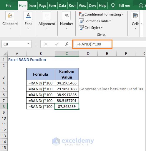 upto 100 - Excel RAND Function