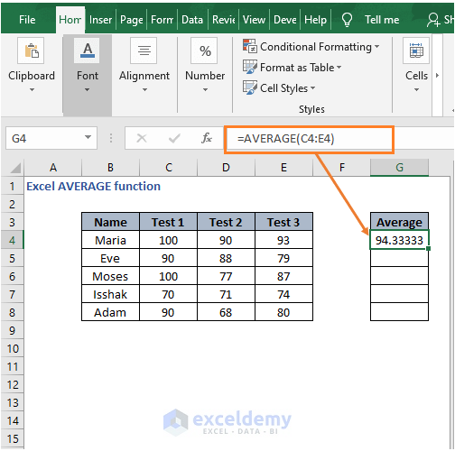 Formula with cell reference - Excel AVERAGE function