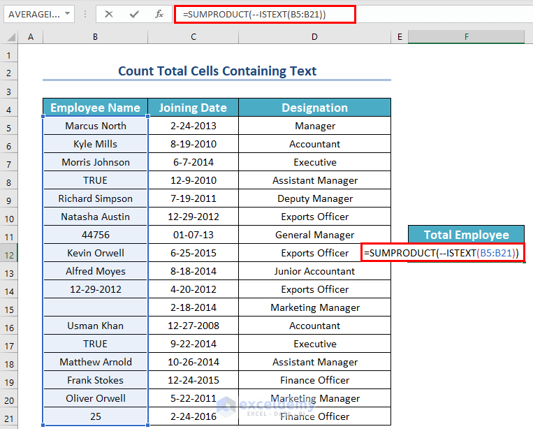 Employing ISTEXT Function to Count Cells Containing Text in Excel