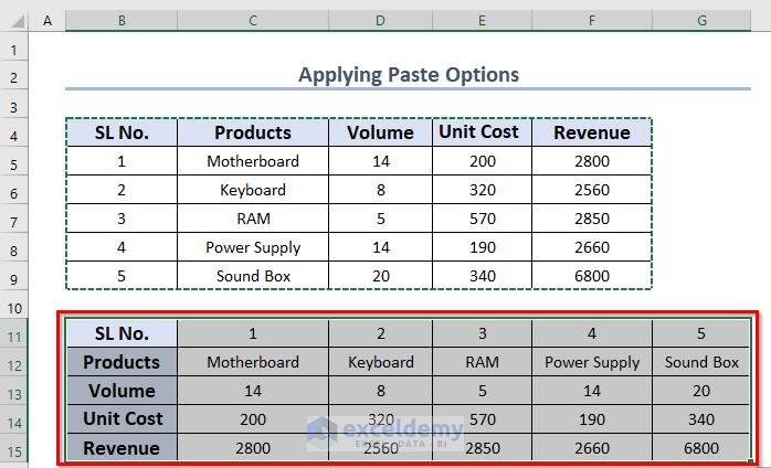 Using Paste Options from the Context Menu Bar to convert columns to rows in Excel