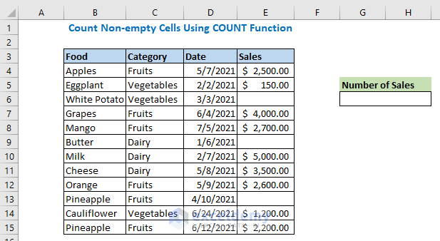 Count non-empty cells with COUNT function
