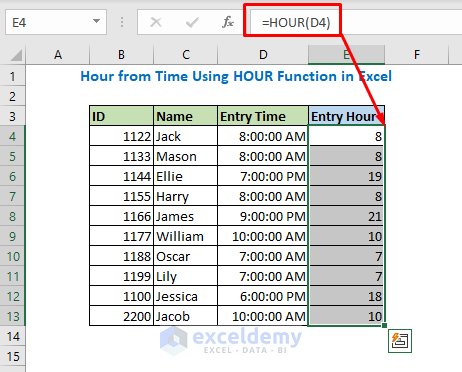 Enter the formual using Hour function