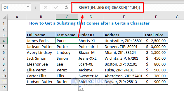 Enter the formula using RIGHT LEN SEARCH function