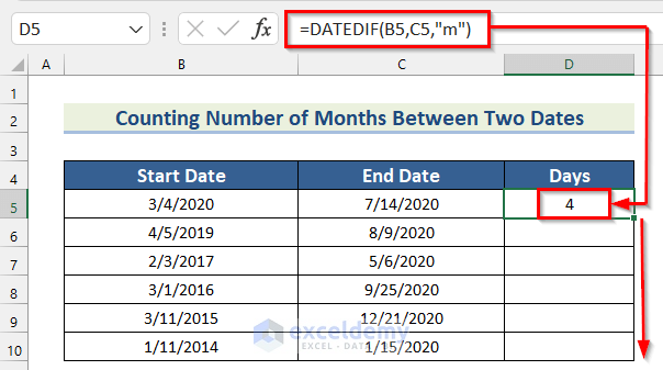 Count Number of Months Using Excel DATEDIF Function