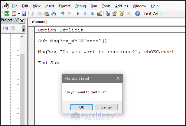 vbOKCancel Button for MsgBox Function in Excel VBA