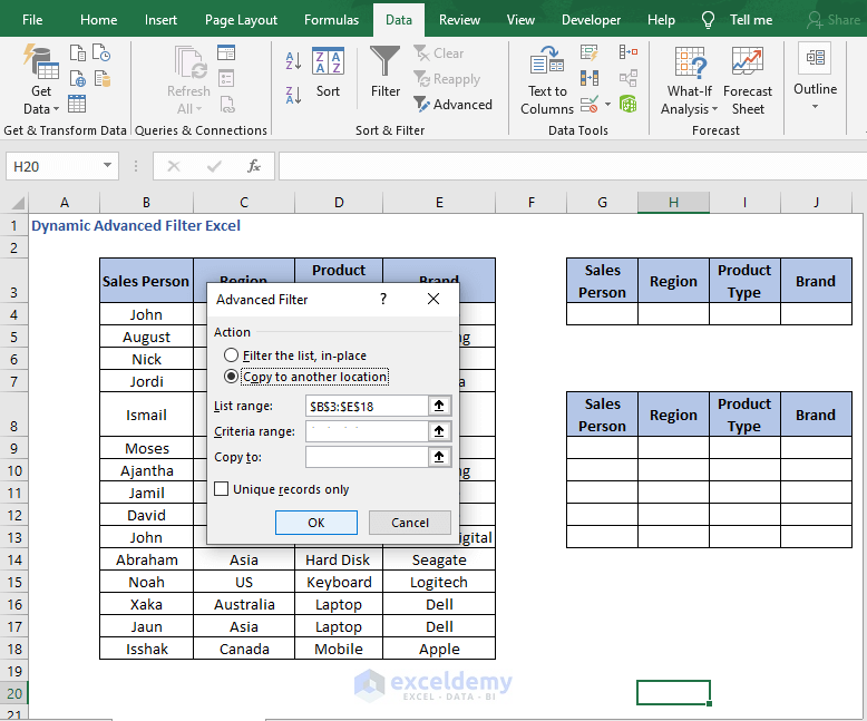 Criteria and destination range - Dynamic Advanced Filter Excel
