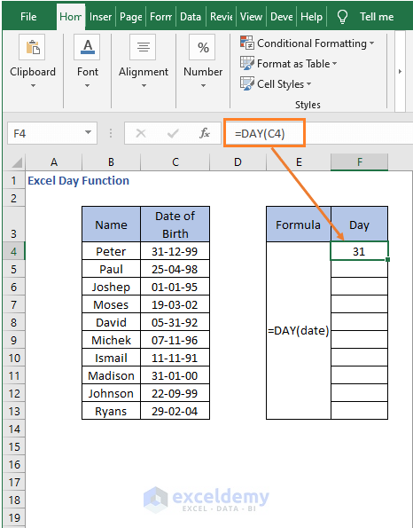 Extract day result - Excel Day Function