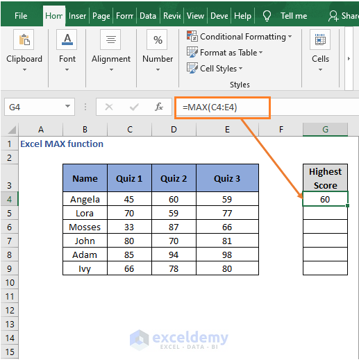 Row example result- Excel MAX function