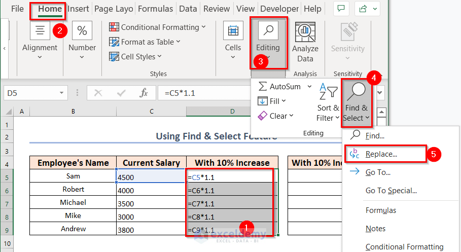 Using 'Find & Replace' Button to copy a formula in excel with changing cell references 