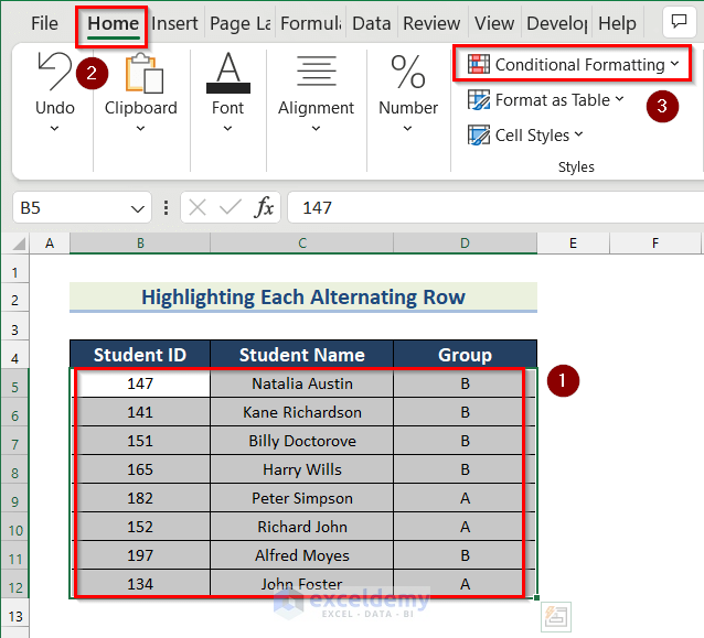 Use Conditional Formatting & ISEVEN Function to Highlight Each Alternating Row