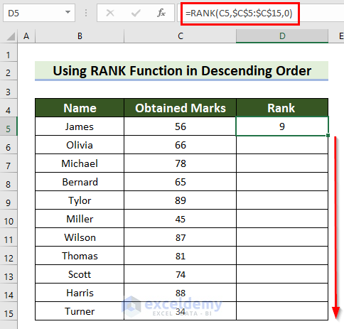 Dragging Fill Handle to Copy the Formula Using RANK Function in Excel