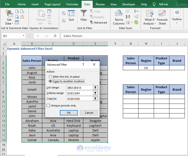 Set range, criteria - location - Dynamic Advanced Filter Excel