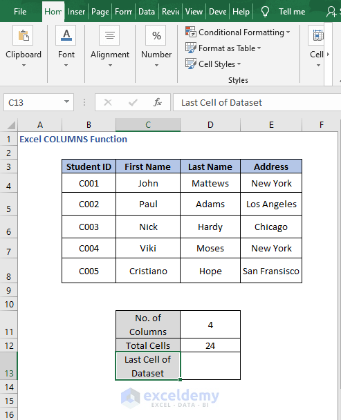Last cell of dataset- Excel COLUMNS Function
