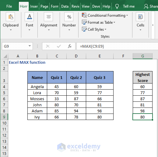 Row example result autofill- Excel MAX function