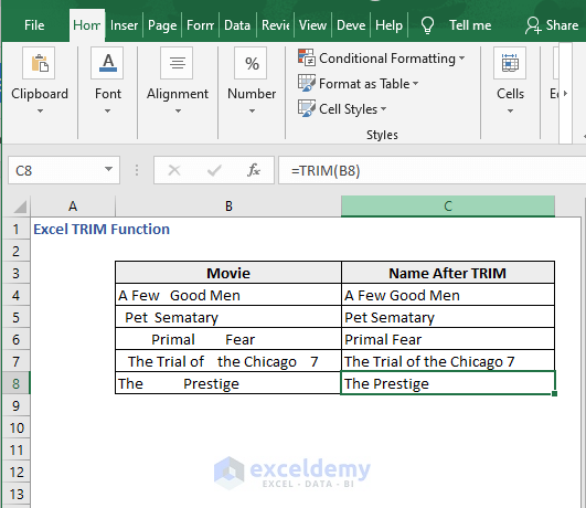 AutoFill TRIM basic use - Excel TRIM Function