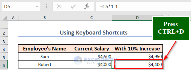 Using Keyboard Shortcuts to copy a formula in excel with changing cell references