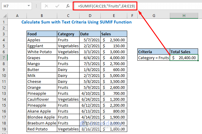 Enter formula using SUMIF function for text condition