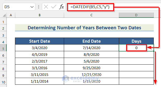 Determine Number of Years Using Excel DATEDIF Function
