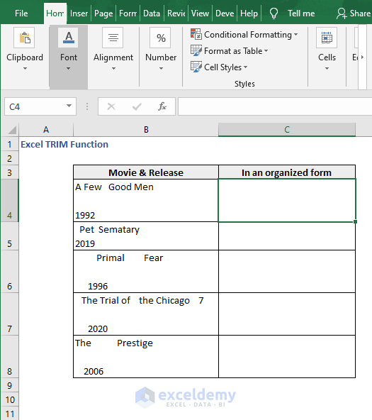 Remove space & Clean dataset - Excel TRIM Function