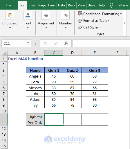 Column example dataset - Excel MAX function