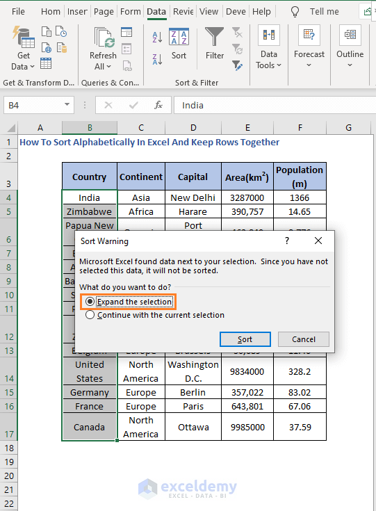 Expand select in warning box - How To Sort Alphabetically In Excel And Keep Rows Together