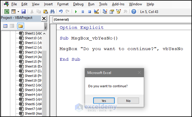 vbYesNo Button for MsgBox Function in Excel