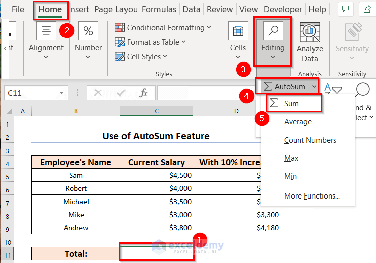 Use of AutoSum to copy a formula in excel with changing cell references
