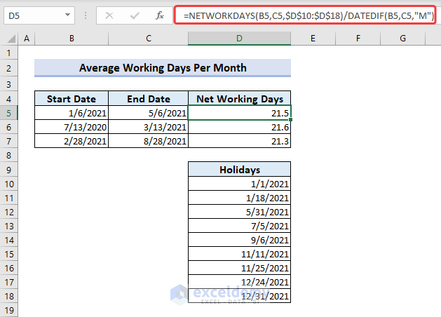 Average workdays per month with DATEDIF and NETWORKDAYS