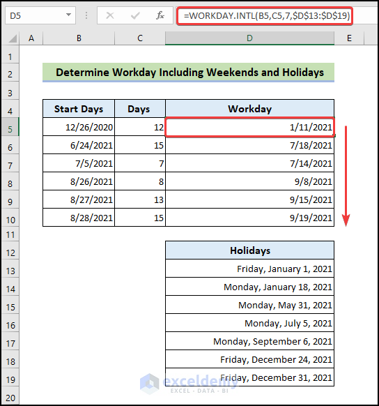 determine workday including weekends and holidays