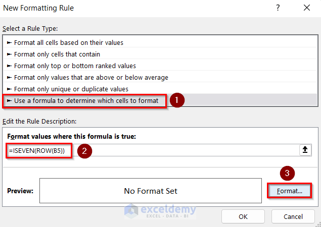 Opening New Formatting Rule Box to Use Excel ISEVEN Function