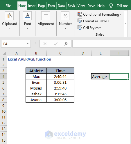 Time dataset - Excel AVERAGE function